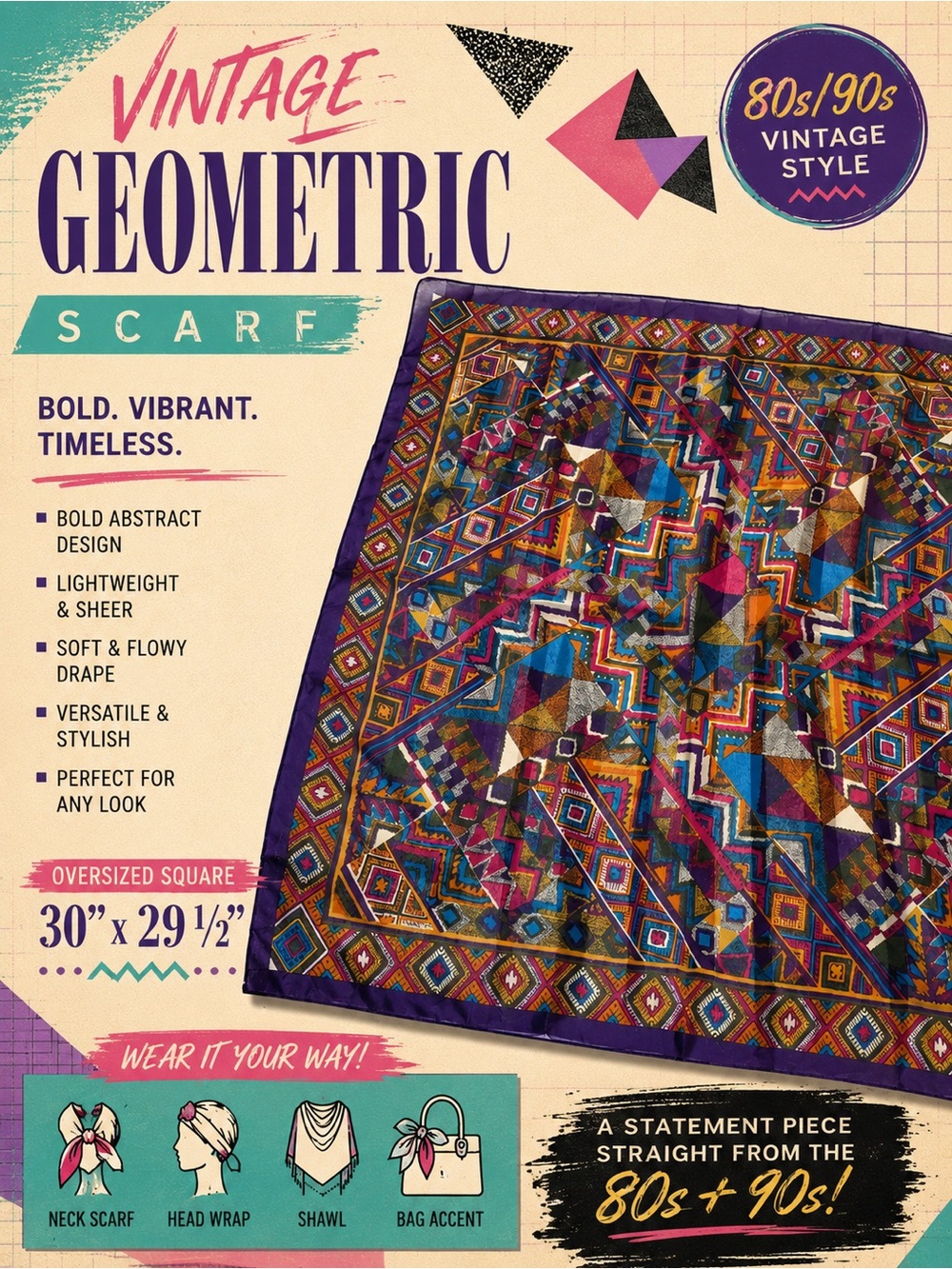 Vintage Abstract Geometric Sheer Scarf Shawl Wrap Boho Festival
 30” x 29 1/2”